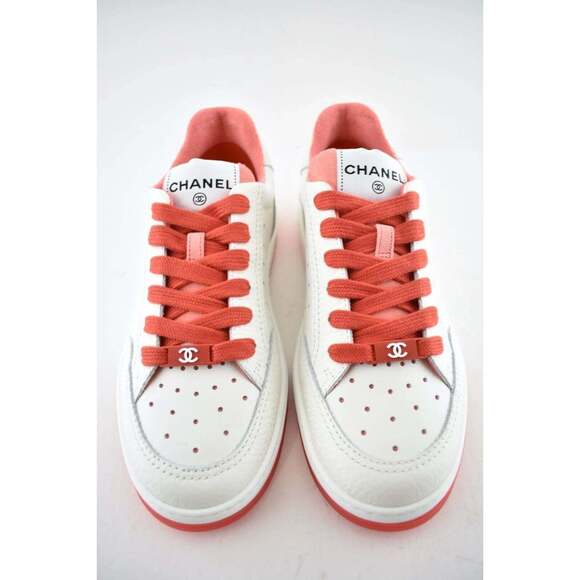 Chanel 22P White Leather Red CC Logo Flat Lace Up Tie Runner Trainer Sneaker 38 - Picture 4 of 12